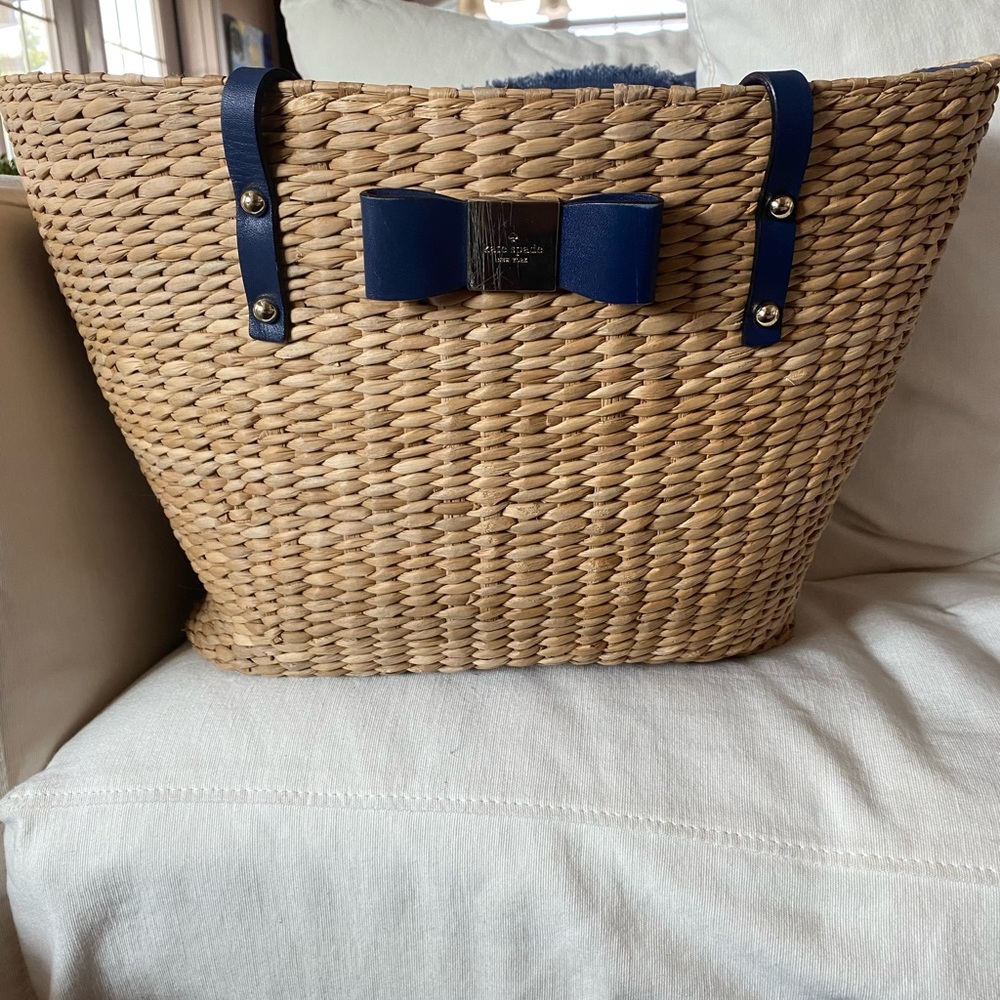 Kate Spade Tan and Blue Straw Tote Bag